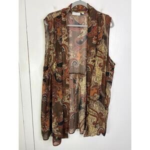 Susan Graver Top Womens 3X Open Vest Paisley Dark Grunge 90s Lightweight Pintuck
